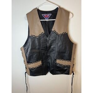 MOB Genuine Leather Vest Men Lg Black Tan Biker Snap Front Side Lace Pockets
